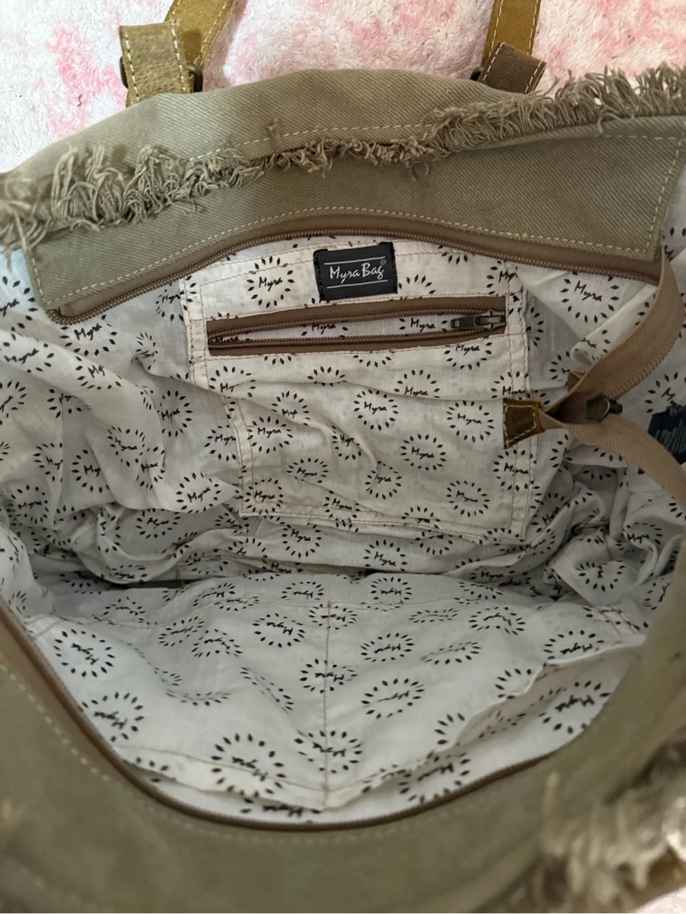 MYRA Boho Olive Green Tote Bag with Patterned Front Panel